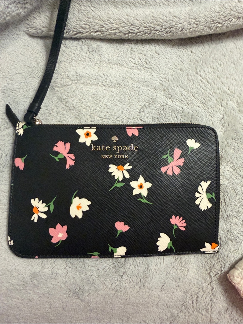 kate spade Black Floral Wristlet with Pink & White Flowers